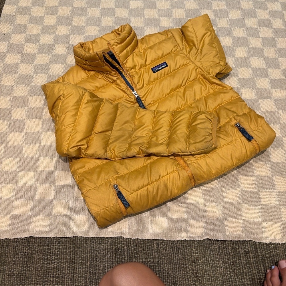 Patagonia down sweater:  Gold + Navy
